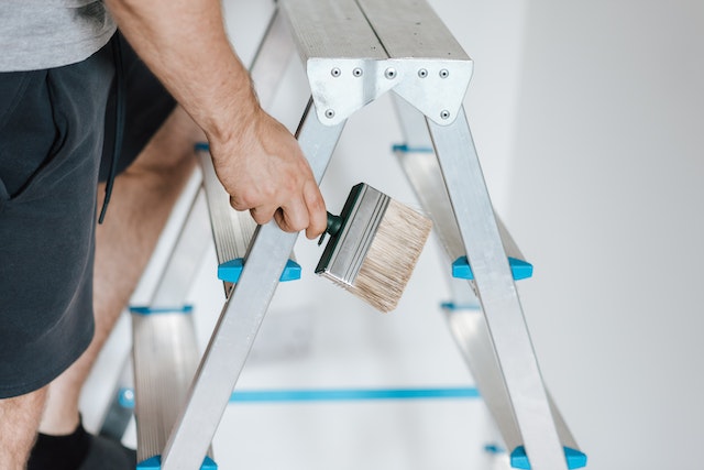  someone climbing up a ladder with a paintbrush